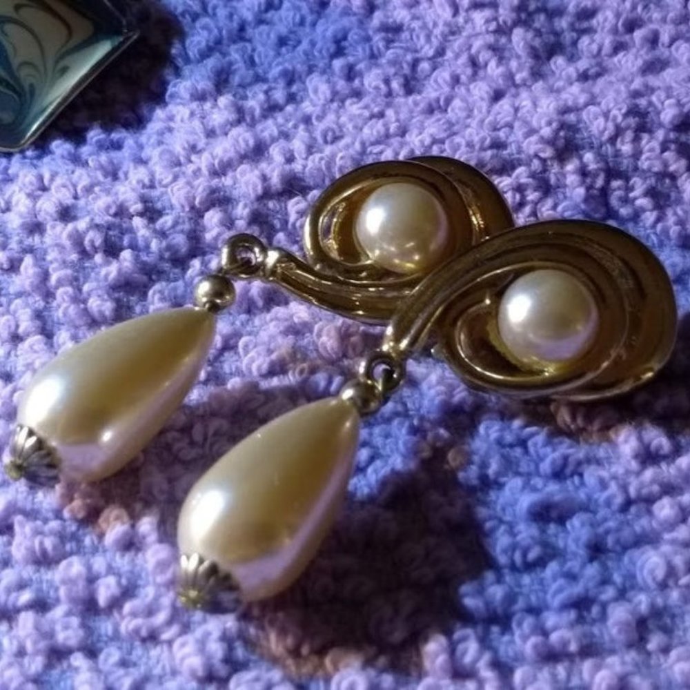 45. Gold and Faux Pearl Clip Dangle Earrings